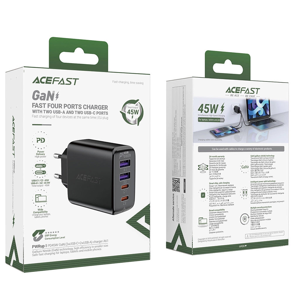 Caricatore da rete Acefast A61, 45W, 3A, 2 x USB-A - 2 x USB-C, Nero