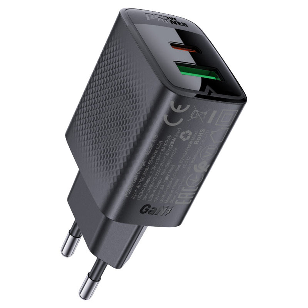 Caricabatterie Rete Acefast A78, 20W, 3A, 1 x USB-A - 1 x USB-C, Nero