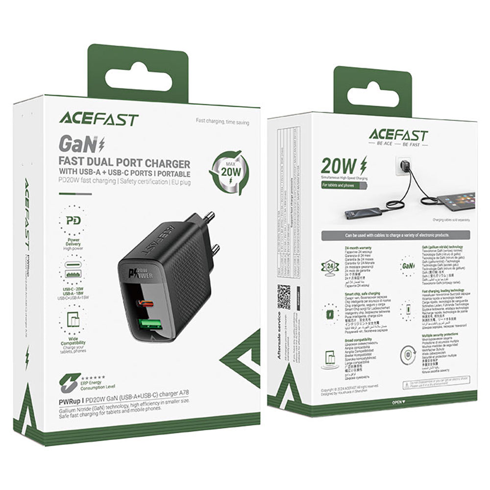 Caricabatterie Rete Acefast A78, 20W, 3A, 1 x USB-A - 1 x USB-C, Nero