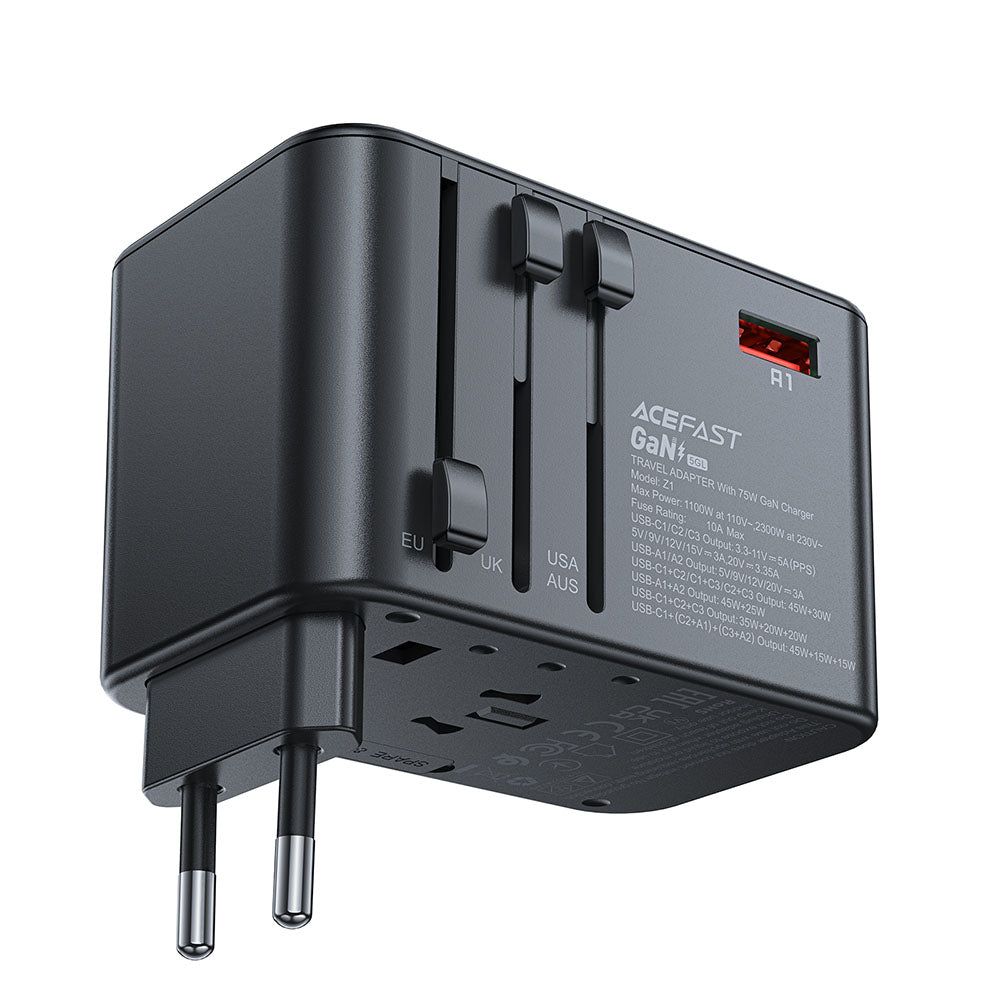 Caricabatterie da Rete Acefast Travel Z1, 75W, 3.35A, 2 x USB-A - 3 x USB-C, Nero