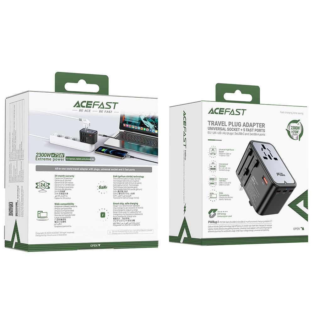 Caricabatterie da Rete Acefast Travel Z1, 75W, 3.35A, 2 x USB-A - 3 x USB-C, Nero
