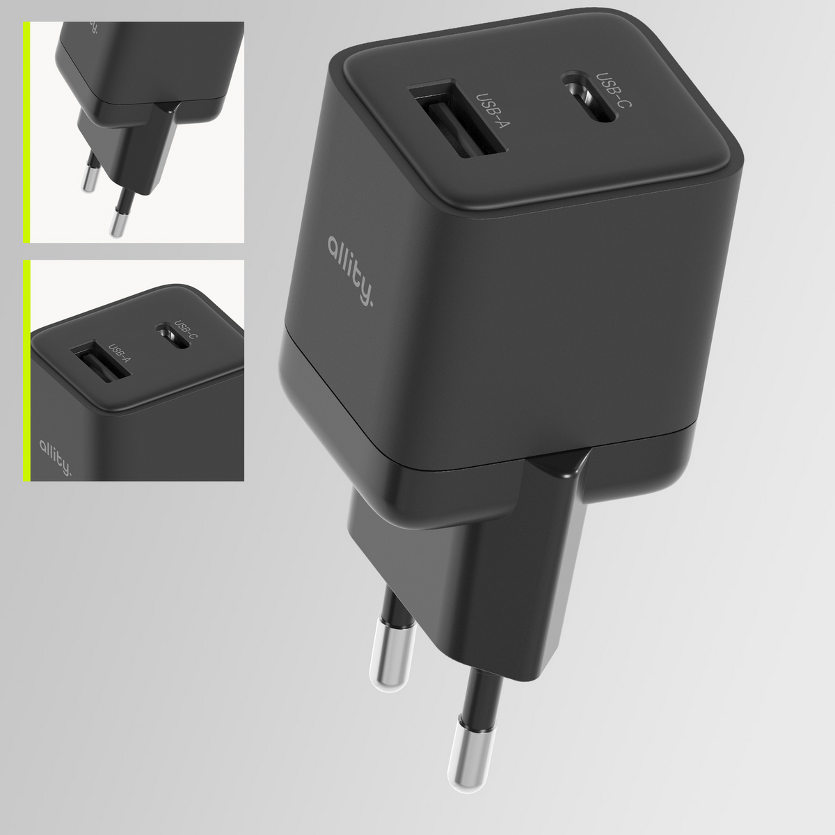 Allity Network Charger. ATC-01-30WAC Mini, 30W, 3A, 1 x USB-A - 1 x USB-C, Black