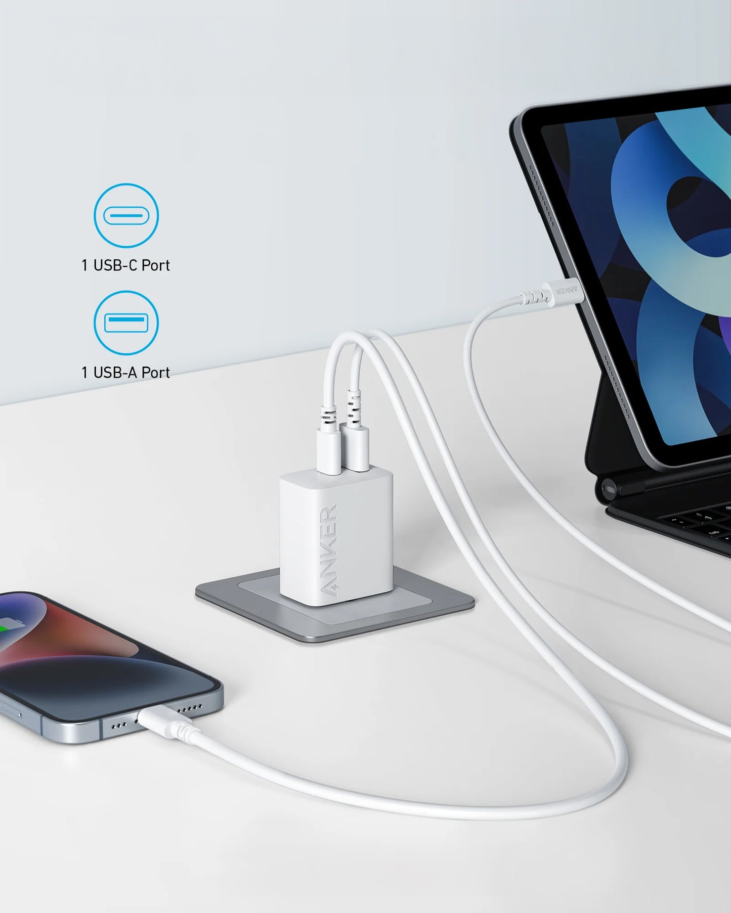Anker 312 Caricabatterie di rete, 20W, 3A, 1 x USB-A - 1 x USB-C, Bianco A2348G21