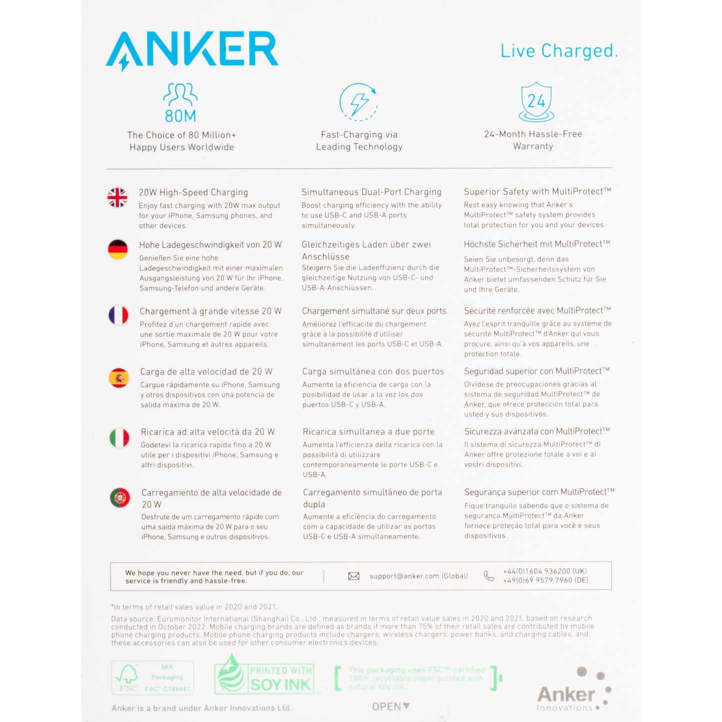 Anker 312 Caricabatterie di rete, 20W, 3A, 1 x USB-A - 1 x USB-C, Bianco A2348G21