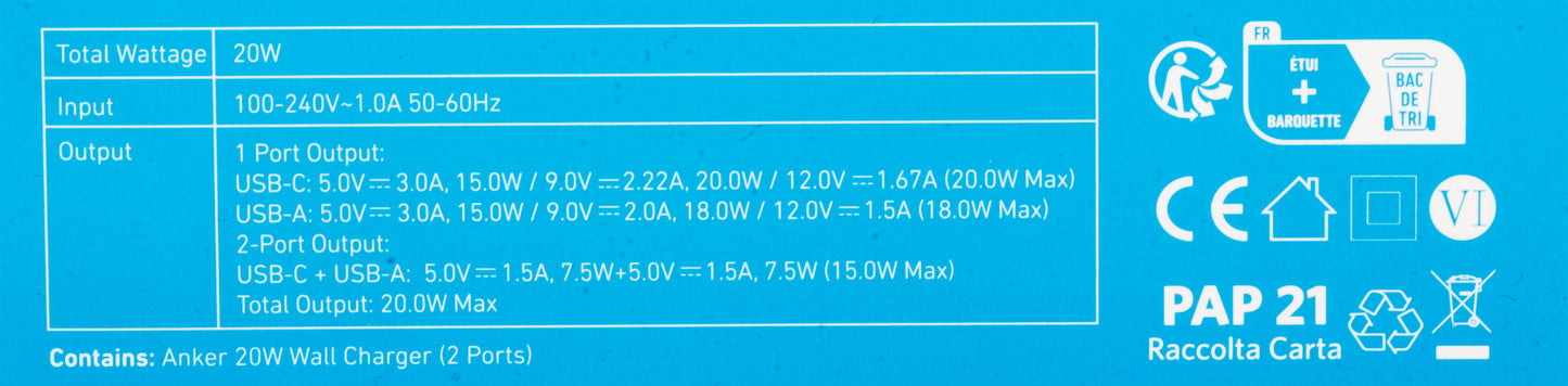 Anker 312 Caricabatterie di rete, 20W, 3A, 1 x USB-A - 1 x USB-C, Bianco A2348G21