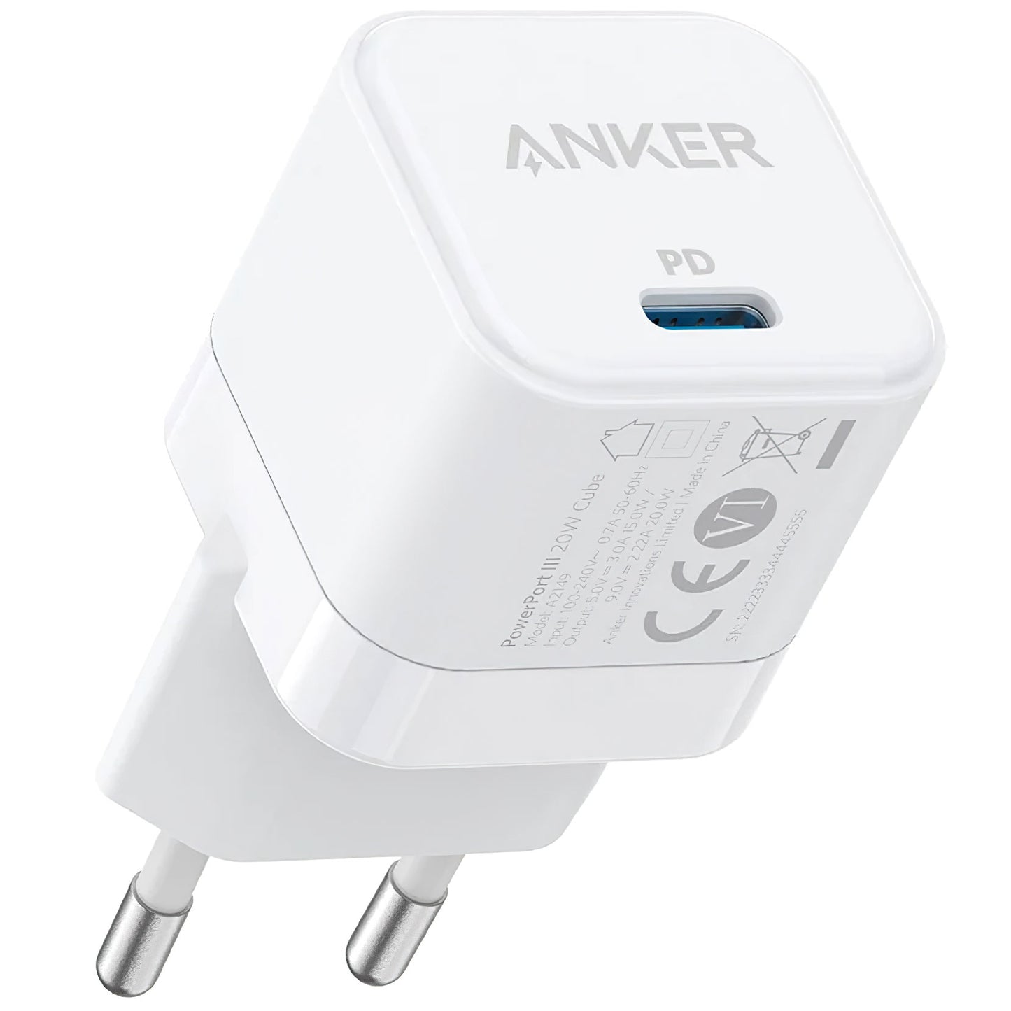 Caricabatterie di rete Anker PowerPort III Cube, 20W, 3A, 1 x USB-C, bianco A2149G21