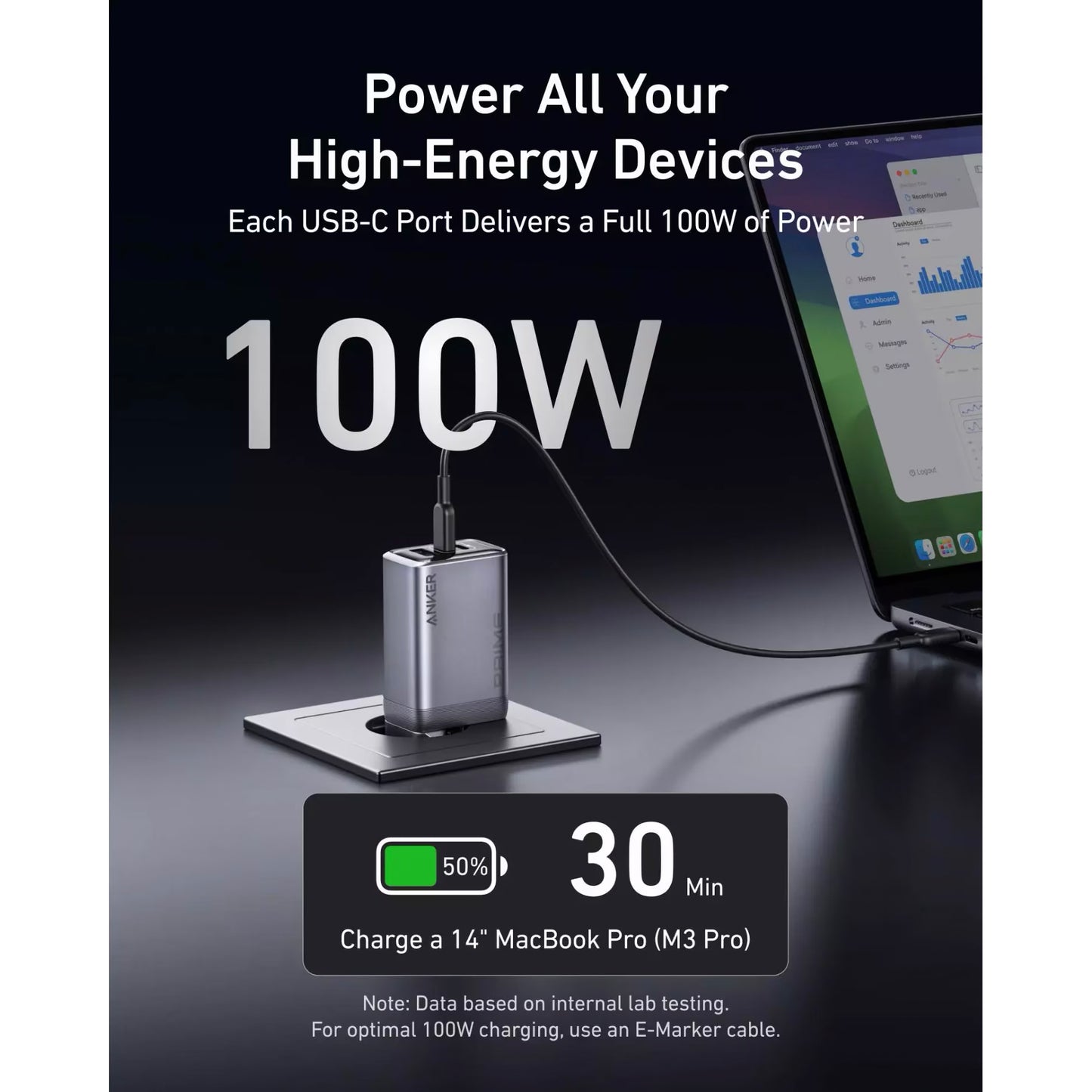 Network Charger Anker Prime, 100W, 3A, 1 x USB-A - 2 x USB-C, Gray A2688341