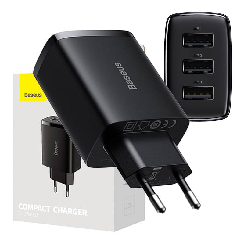 Caricatore di rete Baseus Compact 3U, 17W, 2,1A, 3 x USB-A, nero CCXJ020101