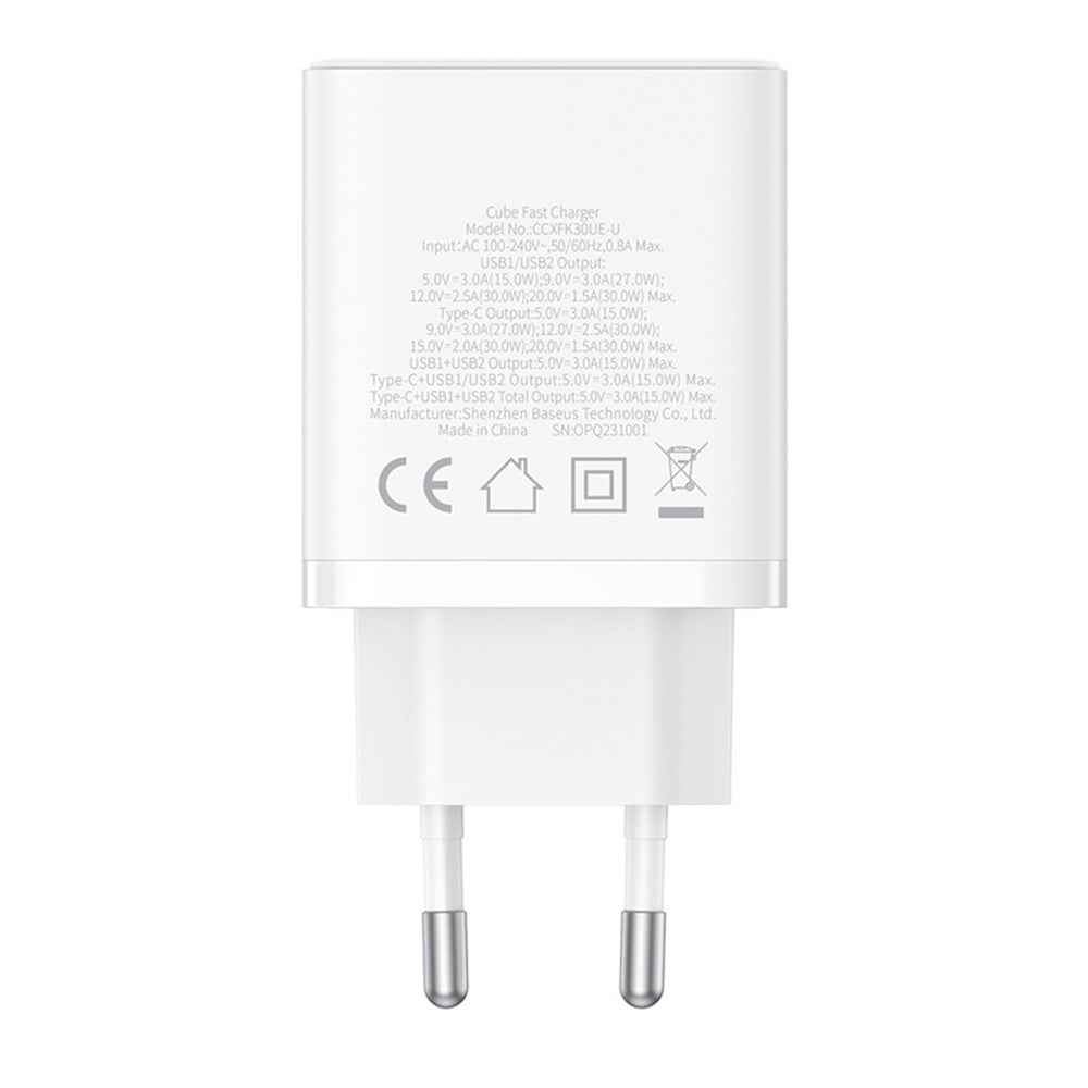 Caricabatterie Retea Baseus Cube, 30W, 3A, 2 x USB-A - 1 x USB-C, Bianco P10111402213-00
