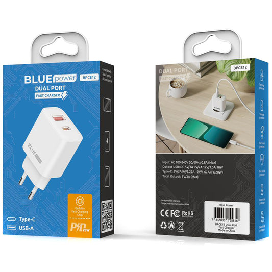 Caricabatterie di rete Blue Power BPCE12, 20W, 3A, 1 x USB-A - 1 x USB-C, bianco