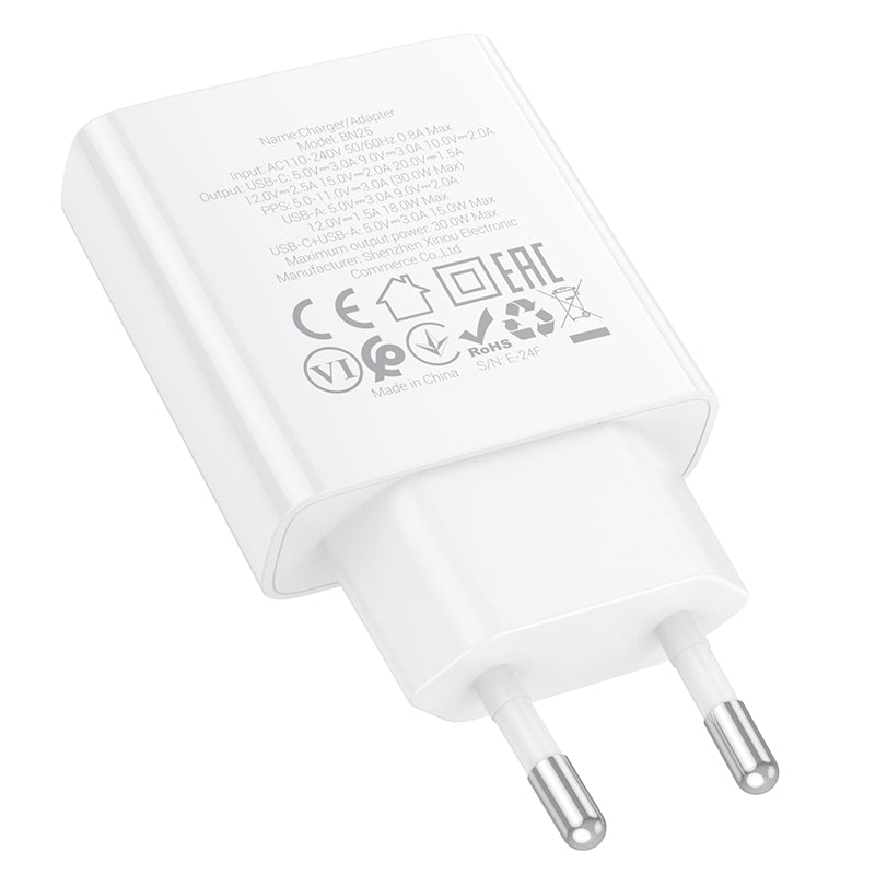 Caricatore di rete Borofone BN25 Wish, 30W, 3A, 1 x USB-A - 1 x USB-C, bianco