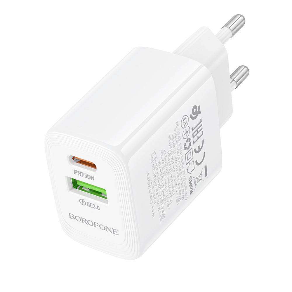 Borofone BN29 Fuente Network Charger, 30W, 3A, 1 x USB-A - 1 x USB-C, White