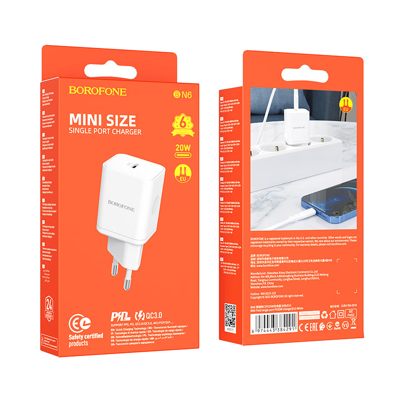 Caricabatterie Retea Borofone BN6 Field, 20W, 3A, 1 x USB-C, Bianco