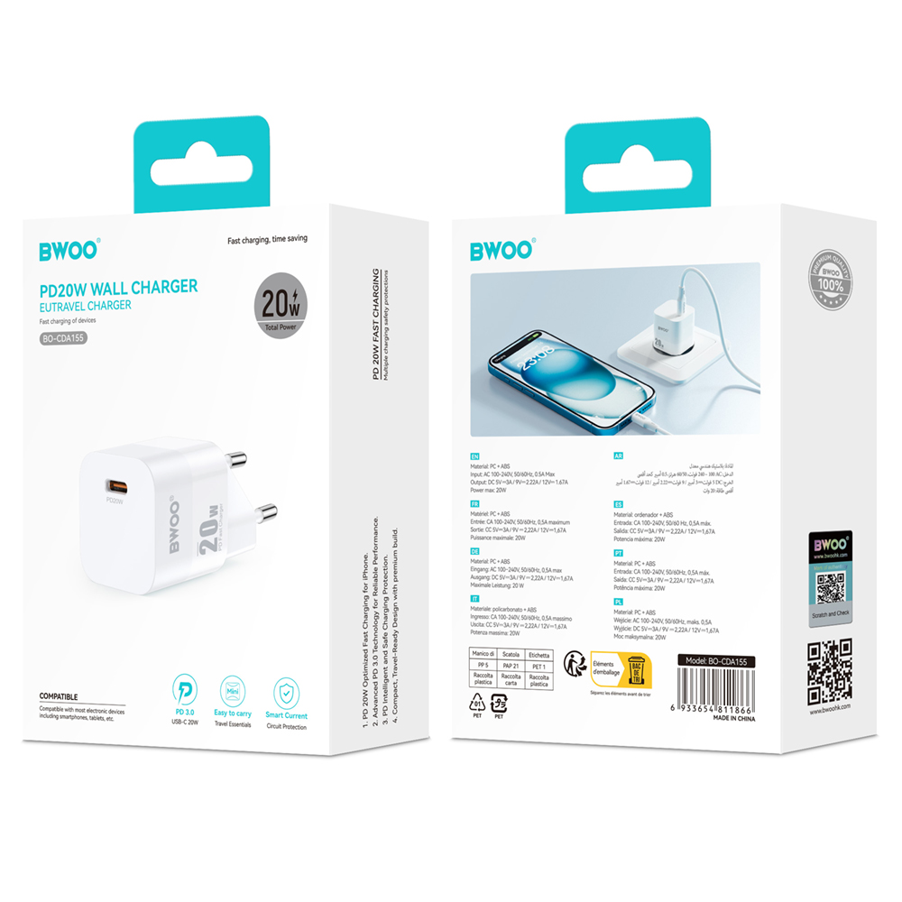 Caricatore da rete BWOO CDA155, 20W, 3A, 1 x USB-C, Bianco