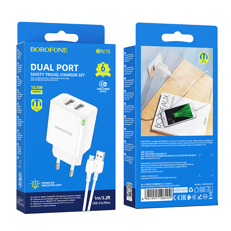 Caricatore di rete con cavo microUSB Borofone BN15 Strong, 10,5W, 2,1A, 2 x USB-A, Bianco
