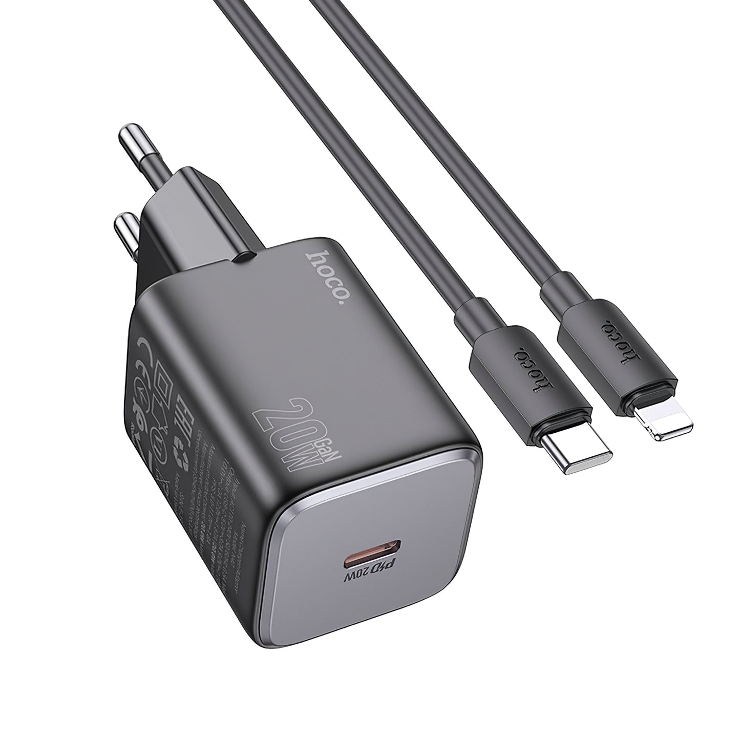 Caricatore di rete con cavo Lightning HOCO N40, 20W, 3A, 1 x USB-C, nero