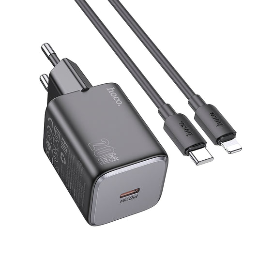Caricatore di rete con cavo Lightning HOCO N40, 20W, 3A, 1 x USB-C, nero