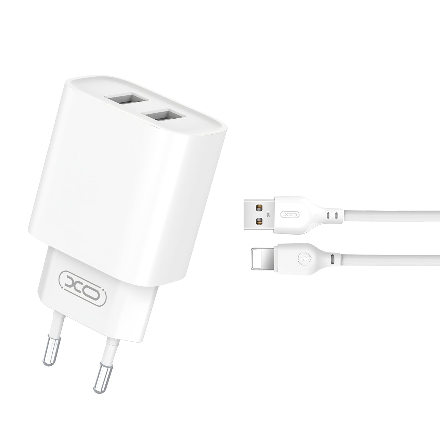 Caricatore di rete con cavo Lightning XO Design CE02C, 10,5 W, 2,1 A, 2 x USB-A, bianco