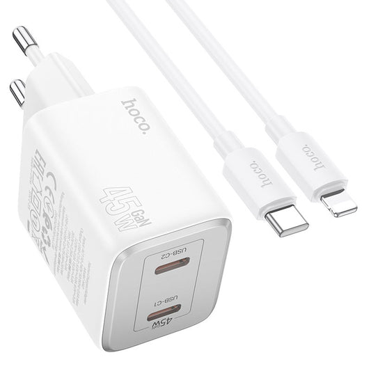 Caricatore di rete con cavo Lightning HOCO N42, 45W, 3A, 2 x USB-C, bianco