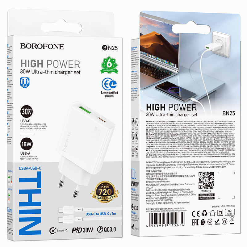 Network Charger with USB-C Cable Borofone BN25 Wish, 30W, 3A, 1 x USB-A - 1 x USB-C, White