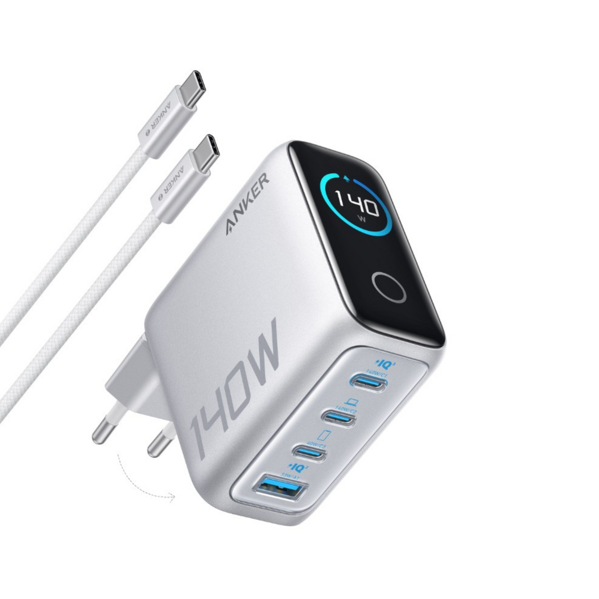 Caricabatterie Rete Con Cavo USB-C Anker Zolo, 140W, 5A, 1 x USB-A - 3 x USB-C, Argento B2697G41