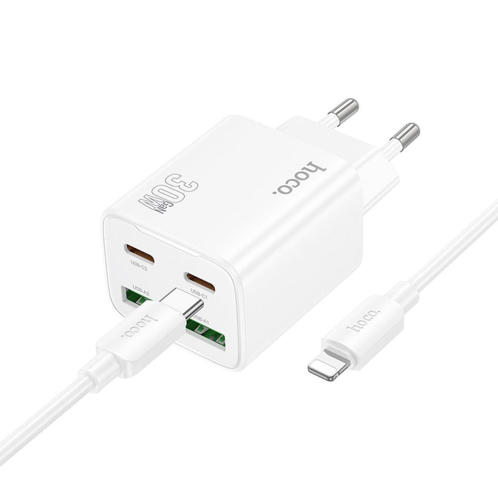 Caricabatterie da Rete con Cavo Lightning HOCO N56, 30W, 3A, 2 x USB-A - 2 x USB-C, Bianco