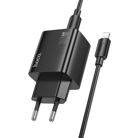 Caricabatterie da Rete con Cavo Lightning HOCO N56, 30W, 3A, 2 x USB-A - 2 x USB-C, Nero