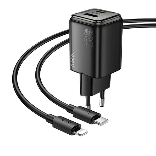 Caricabatterie da rete con cavo Lightning HOCO N52, 20W, 3A, 1 x USB-A - 1 x USB-C, Nero