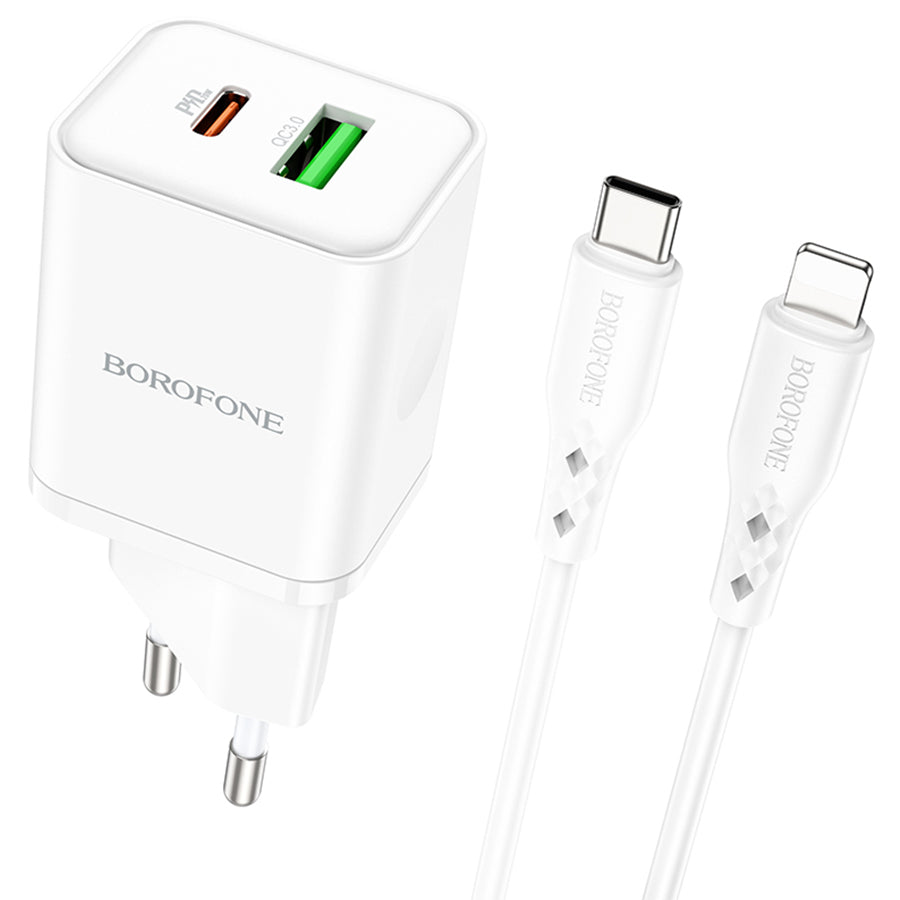 Caricabatterie da Rete con Cavo Lightning Borofone BN7, 20W, 3A, 1 x USB-A - 1 x USB-C, Bianco