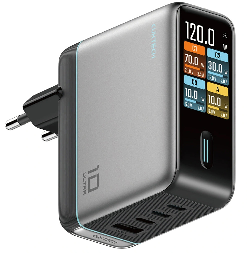 Caricatore da rete con cavo USB-C Cuktech AD1204U Display, 120W, 6A, 1 x USB-A - 2 x USB-C, Argento