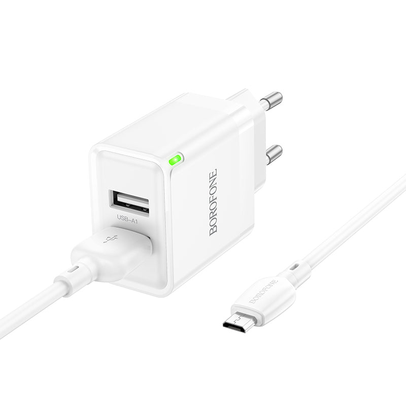 Caricatore di rete con cavo microUSB Borofone BN15 Strong, 10,5W, 2,1A, 2 x USB-A, Bianco