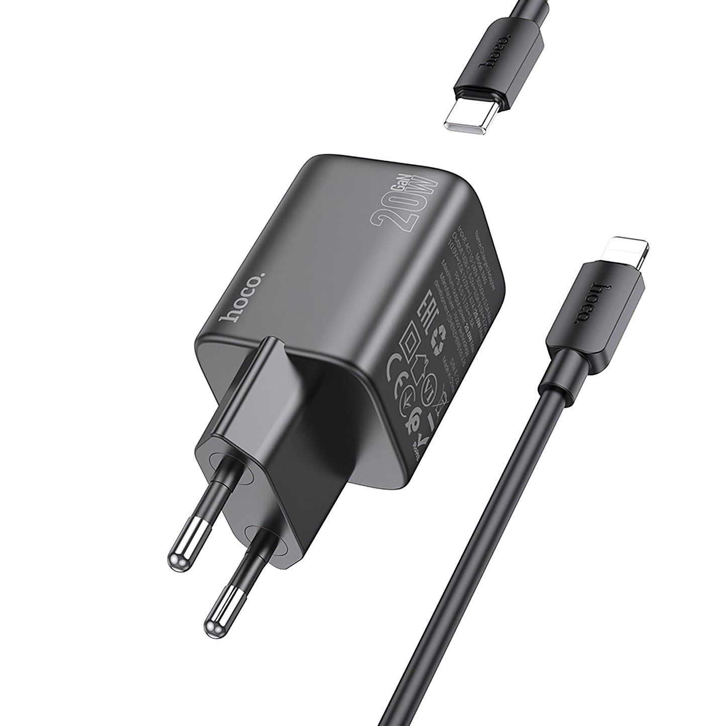 Caricatore di rete con cavo Lightning HOCO N40, 20W, 3A, 1 x USB-C, nero