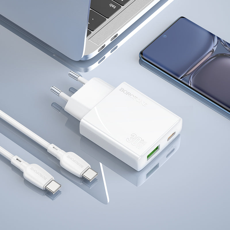 Network Charger with USB-C Cable Borofone BN25 Wish, 30W, 3A, 1 x USB-A - 1 x USB-C, White