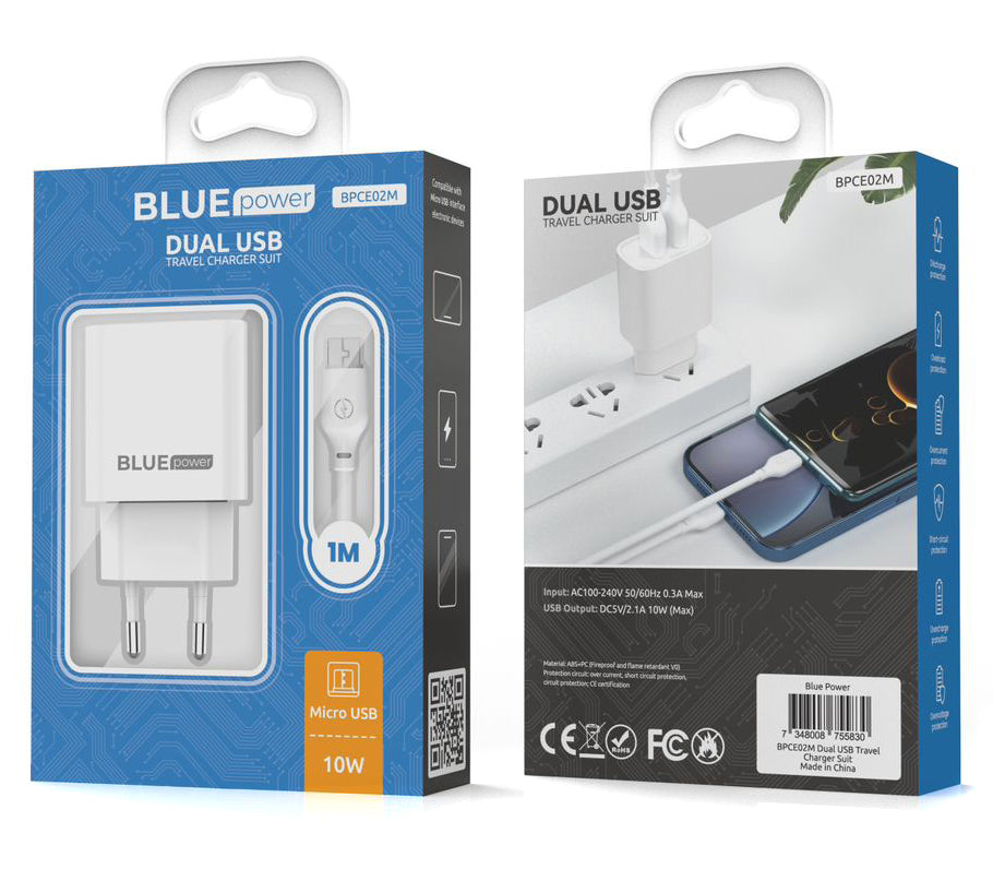 Blue Power BPCE02M Caricabatterie di rete con cavo microUSB BPCE02M, 10,5W, 2,1A, 2 x USB-A, bianco