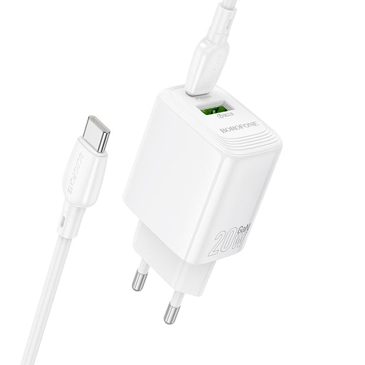 Caricabatterie Rete Con Cavo USB-C Borofone BN27 Fuente, 20W, 3A, 1 x USB-A - 1 x USB-C, Bianco