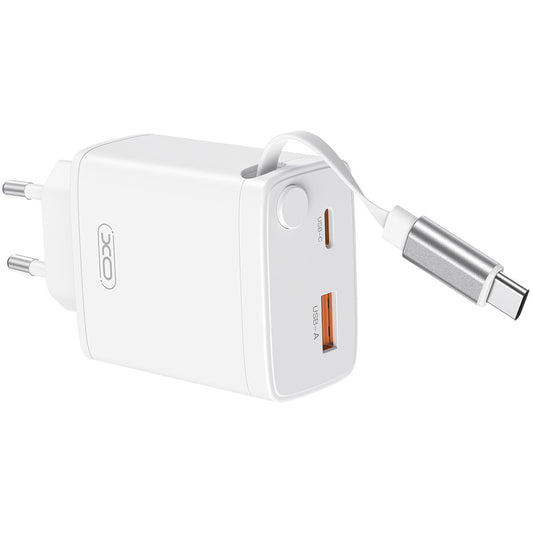 Caricabatterie da Rete con Cavo USB-C XO Design CE31, 30W, 3A, 1 x USB-A - 1 x USB-C, Bianco