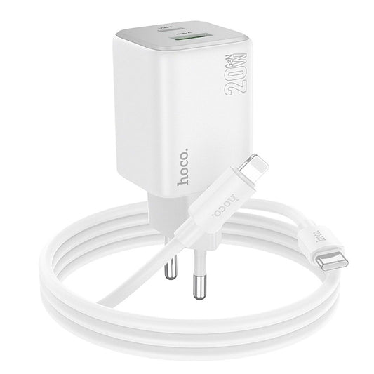 Caricabatterie da rete con cavo Lightning HOCO N41, 20W, 3A, 1 x USB-A - 1 x USB-C, Bianco