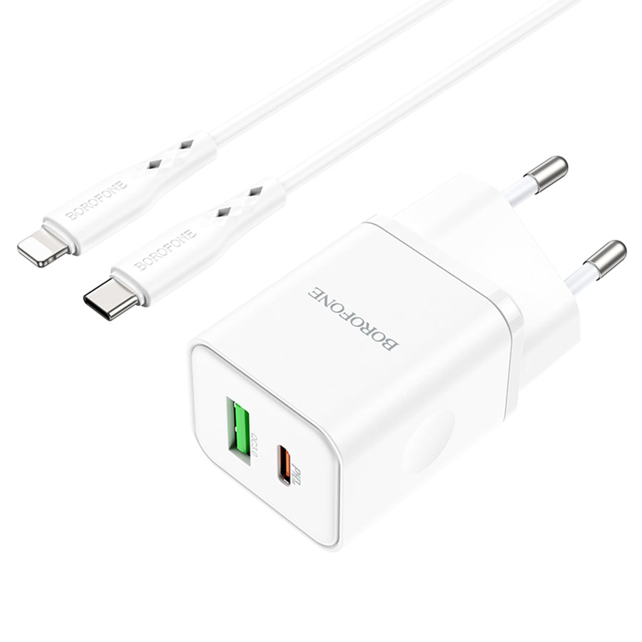 Caricabatterie da Rete con Cavo Lightning Borofone BN7, 20W, 3A, 1 x USB-A - 1 x USB-C, Bianco