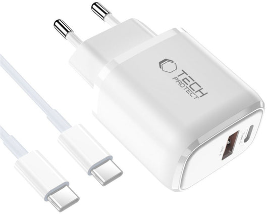 Caricabatterie Rete con Cavo USB-C Tech-Protect NCA45W, 45W, 3A, 1 x USB-A - 1 x USB-C, Bianco
