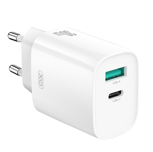 Caricabatterie da Rete con Cavo Lightning XO Design CE30, 30W, 3A, 1 x USB-A - 1 x USB-C, Bianco