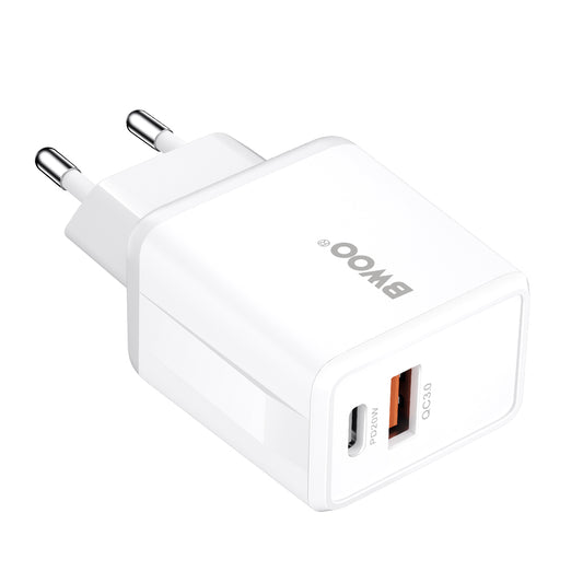 Caricabatterie da Rete con Cavo USB-C BWOO CDA182, 38W, 3A, 1 x USB-A - 1 x USB-C, Bianco