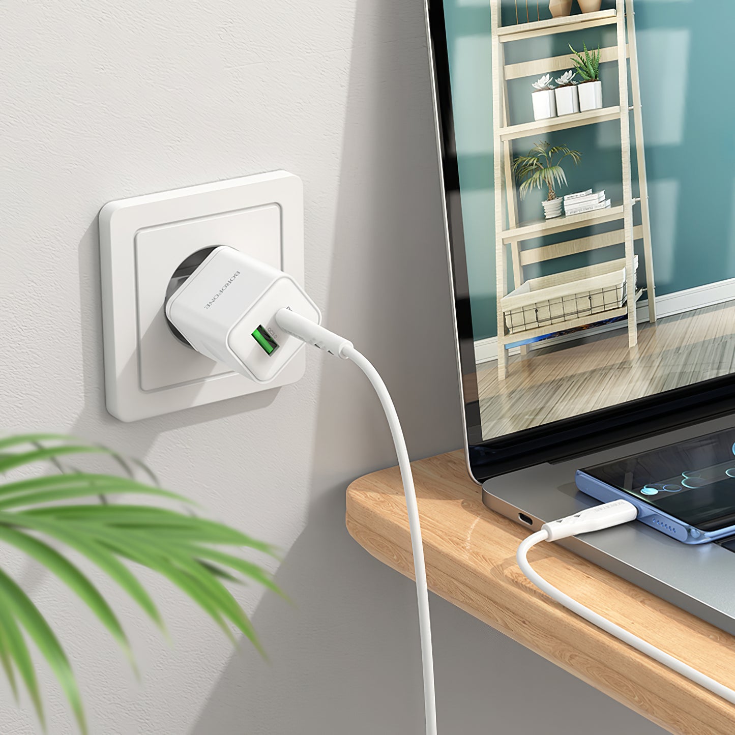 Caricabatterie di rete con cavo USB-C Borofone BN7, 20W, 3A, 1 x USB-A - 1 x USB-C, bianco