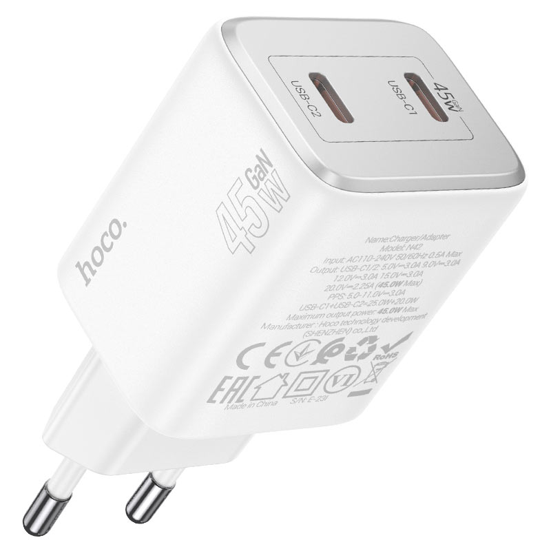 Caricatore di rete con cavo Lightning HOCO N42, 45W, 3A, 2 x USB-C, bianco