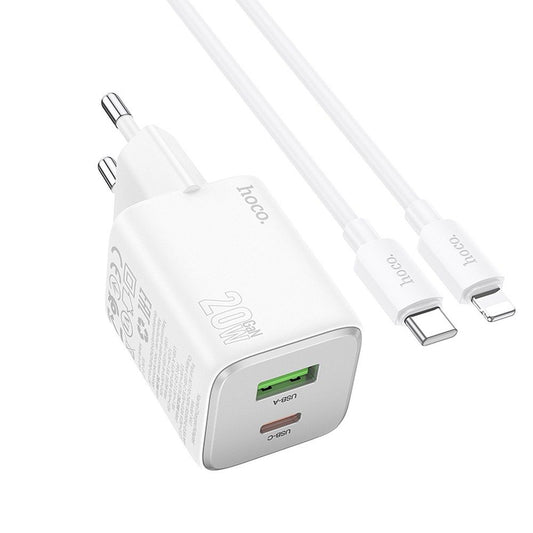 Caricabatterie da rete con cavo Lightning HOCO N41, 20W, 3A, 1 x USB-A - 1 x USB-C, Bianco