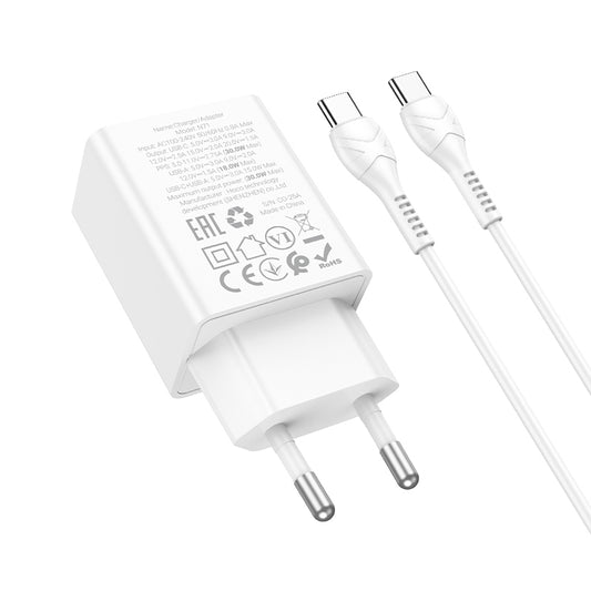 Caricabatterie da Rete con Cavo USB-C HOCO N71, 30W, 3A, 1 x USB-A - 1 x USB-C, Bianco