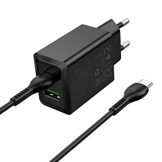 Caricabatterie da Rete con Cavo USB-C HOCO N71, 30W, 3A, 1 x USB-A - 1 x USB-C, Nero