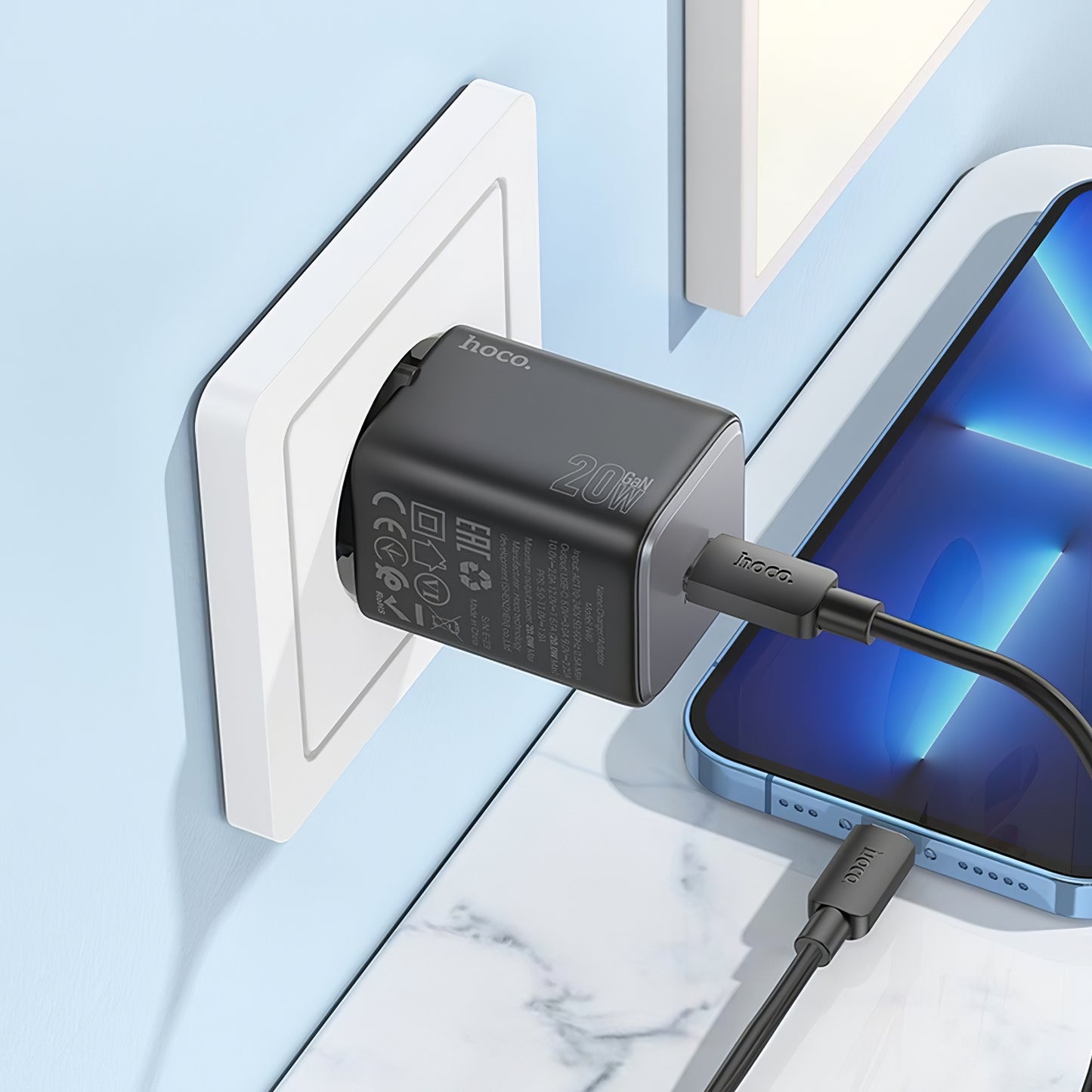 Caricatore di rete con cavo Lightning HOCO N40, 20W, 3A, 1 x USB-C, nero