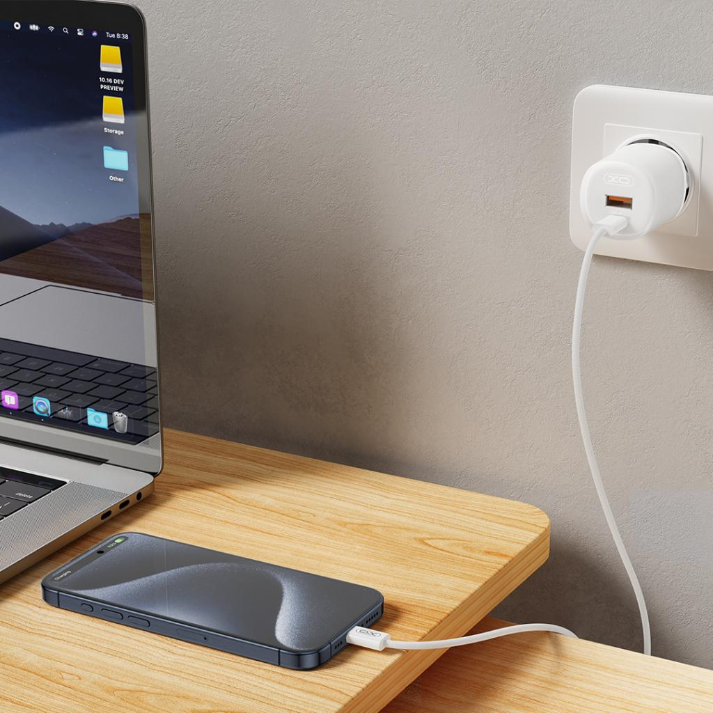 Caricabatterie da Rete con Cavo USB-C XO Design L151, 30W, 3A, 1 x USB-A - 1 x USB-C, Bianco