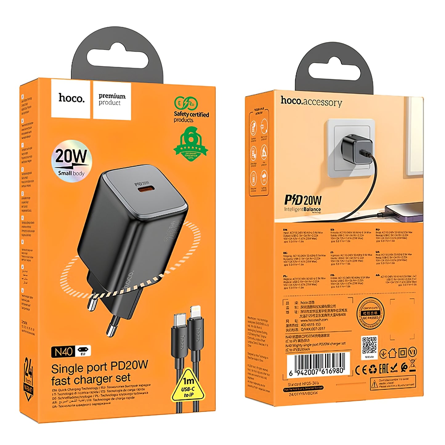 Caricatore di rete con cavo Lightning HOCO N40, 20W, 3A, 1 x USB-C, nero