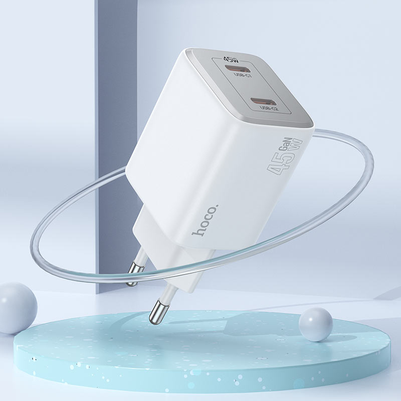 Caricatore di rete con cavo Lightning HOCO N42, 45W, 3A, 2 x USB-C, bianco